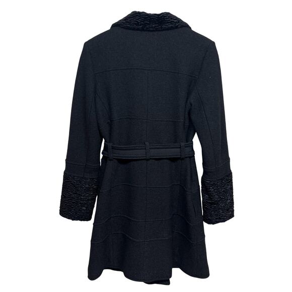 Pelle Studio Wool Blend Belted Coat Black Faux Fur Trim Sz M - Picture 3 of 7